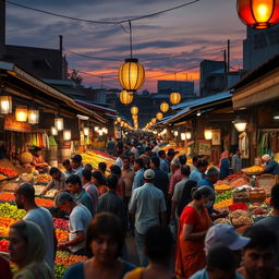 A vibrant and bustling market scene at sunset, filled with an array of colorful stalls displaying various fruits, vegetables, and spices