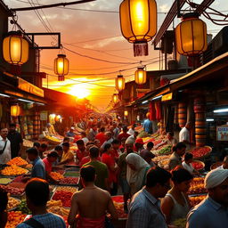 A vibrant and bustling market scene at sunset, filled with an array of colorful stalls displaying various fruits, vegetables, and spices