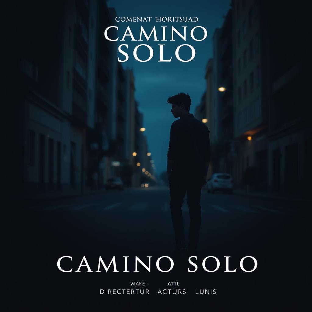 Create a movie poster for a short film titled "Camino Solo" featuring a lonely protagonist