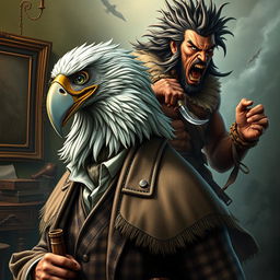 A striking scene showing an Aracocra eagle folk gentleman, an erudite scientist and intrepid explorer