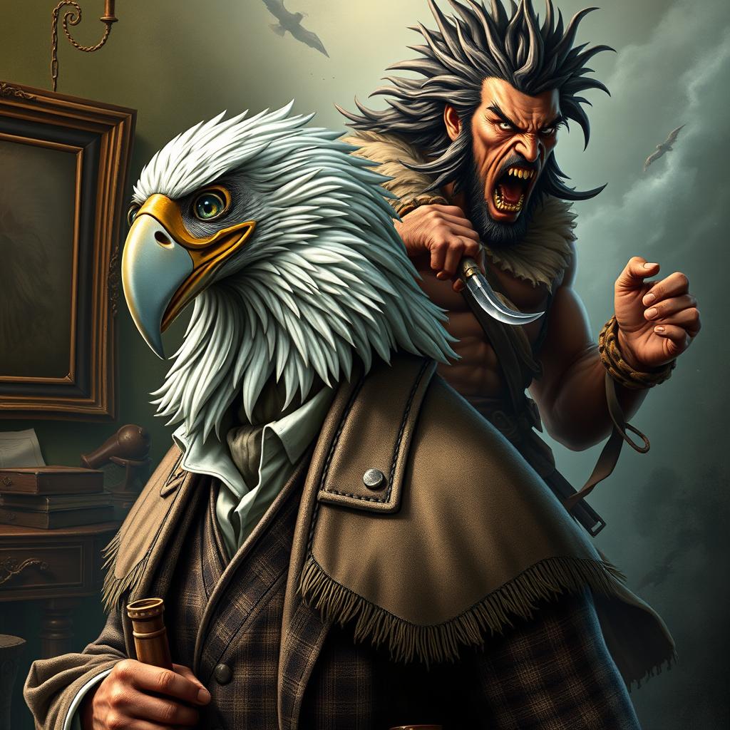 A striking scene showing an Aracocra eagle folk gentleman, an erudite scientist and intrepid explorer