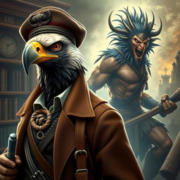 A striking scene showing an Aracocra eagle folk gentleman, an erudite scientist and intrepid explorer