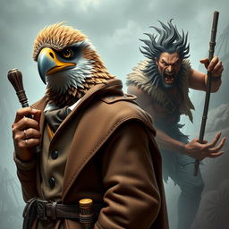 A striking scene showing an Aracocra eagle folk gentleman, an erudite scientist and intrepid explorer