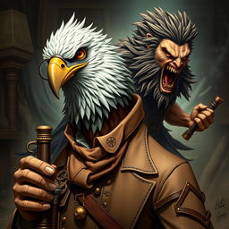 A striking scene showing an Aracocra eagle folk gentleman, an erudite scientist and intrepid explorer