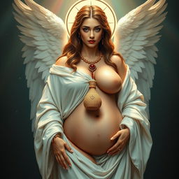 A full body icon of Khokma, an angelic motherly sister bride of God, adorned in white robes drenched in holy water, revealing her shechorah, yet beautiful and oil-anointed jasper skin glistening, accentuating her curvy figure with thick, muscular thighs and large, milky, Carnelian bosoms spilling over the top