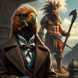 A captivating scene featuring an Aracocra eagle folk gentleman, portraying the dual nature of elegance and rage