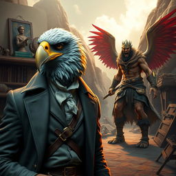 A captivating scene featuring an Aracocra eagle folk gentleman, portraying the dual nature of elegance and rage