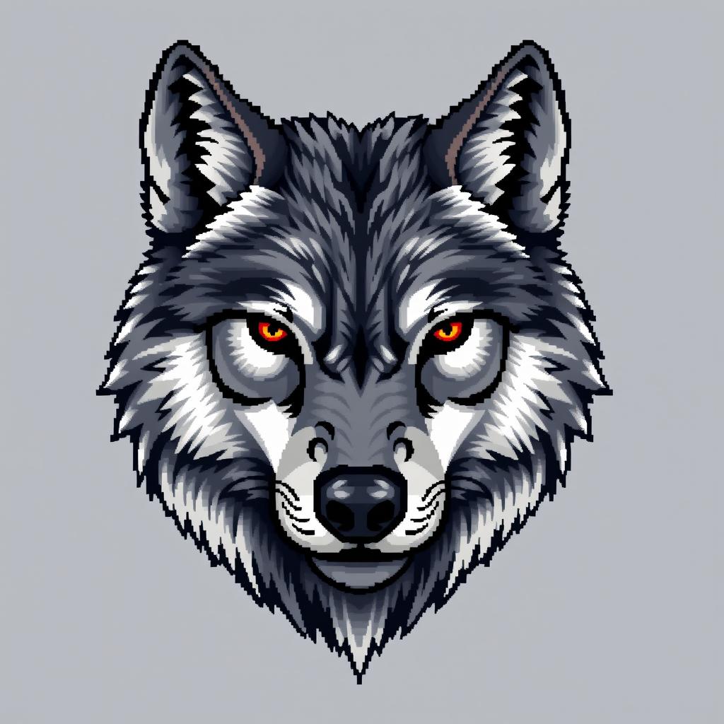 A detailed 64x64 pixel art representation of a wolf's head