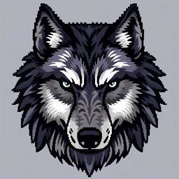 A detailed 64x64 pixel art representation of a wolf's head