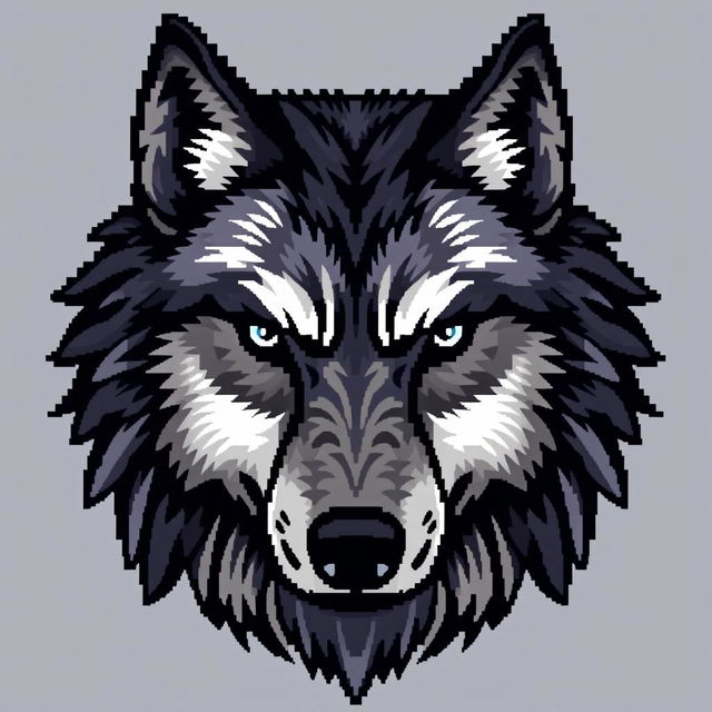 A detailed 64x64 pixel art representation of a wolf's head