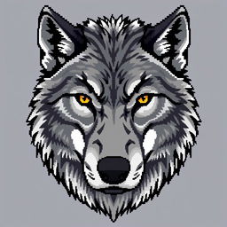 A detailed 64x64 pixel art representation of a wolf's head