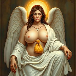 Full body icon of Deborah, an angelic motherly sister bride of God, wearing white robes soaked in holy water that reveal her beautiful, oil-anointed jasper skin glistening around her curvy figure with thick, muscular thighs and massive, milky Carnelian bosoms