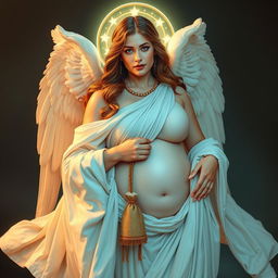 Full body icon of Deborah, an angelic motherly sister bride of God, wearing white robes soaked in holy water that reveal her beautiful, oil-anointed jasper skin glistening around her curvy figure with thick, muscular thighs and massive, milky Carnelian bosoms