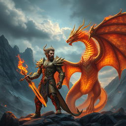 An awe-inspiring scene featuring a bronze dragonborn character alongside a majestic fire dragon, both set against a rugged, mystical landscape