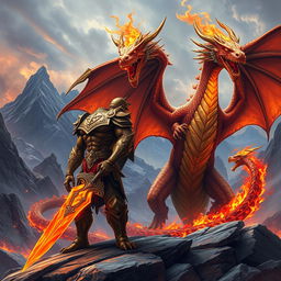 An awe-inspiring scene featuring a bronze dragonborn character alongside a majestic fire dragon, both set against a rugged, mystical landscape