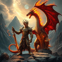 An awe-inspiring scene featuring a bronze dragonborn character alongside a majestic fire dragon, both set against a rugged, mystical landscape