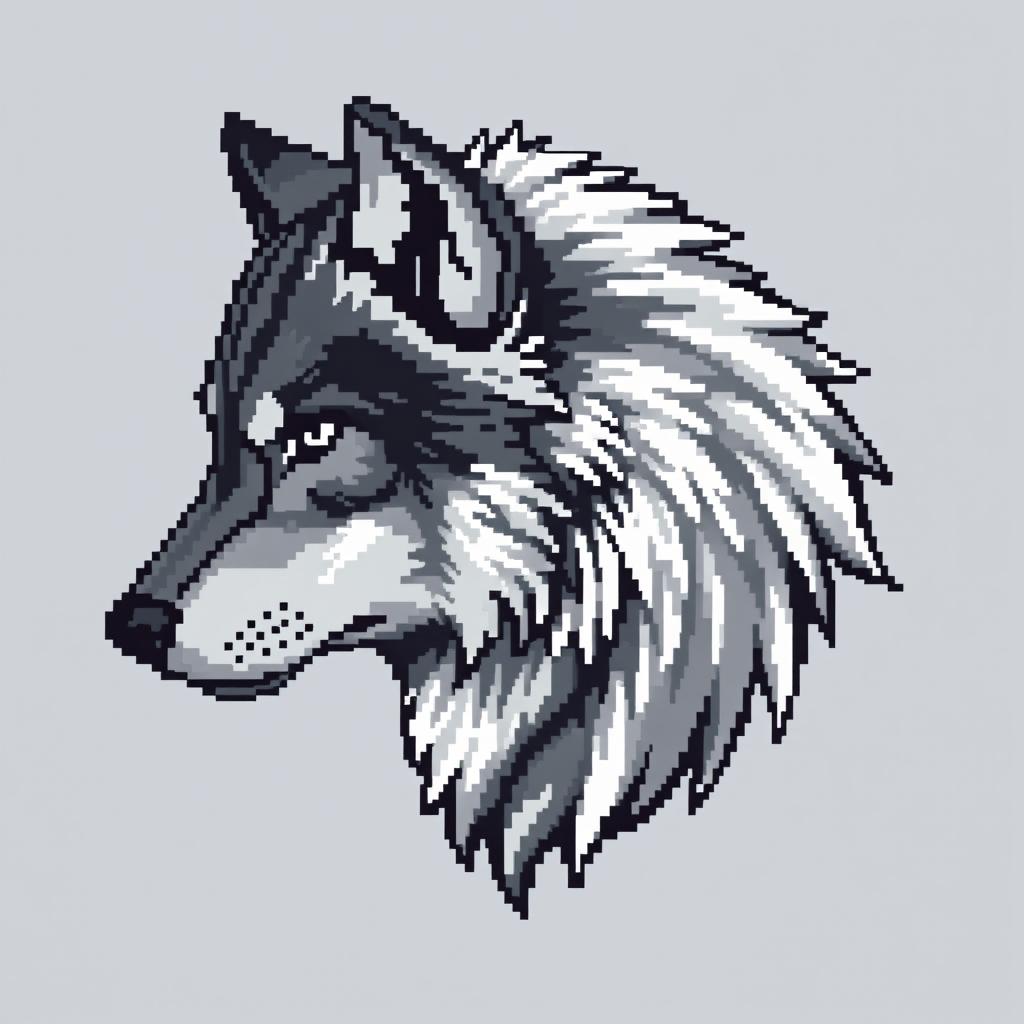 A detailed 64x64 pixel art representation of a wolf's head in profile