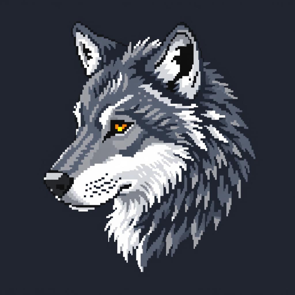 A detailed 64x64 pixel art representation of a wolf's head in profile