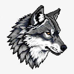 A detailed 64x64 pixel art representation of a wolf's head in profile