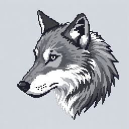 A detailed 64x64 pixel art representation of a wolf's head in profile