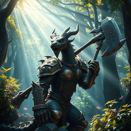 A striking bronze dragonborn character set in an enchanted forest