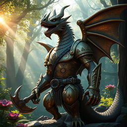 A striking bronze dragonborn character set in an enchanted forest