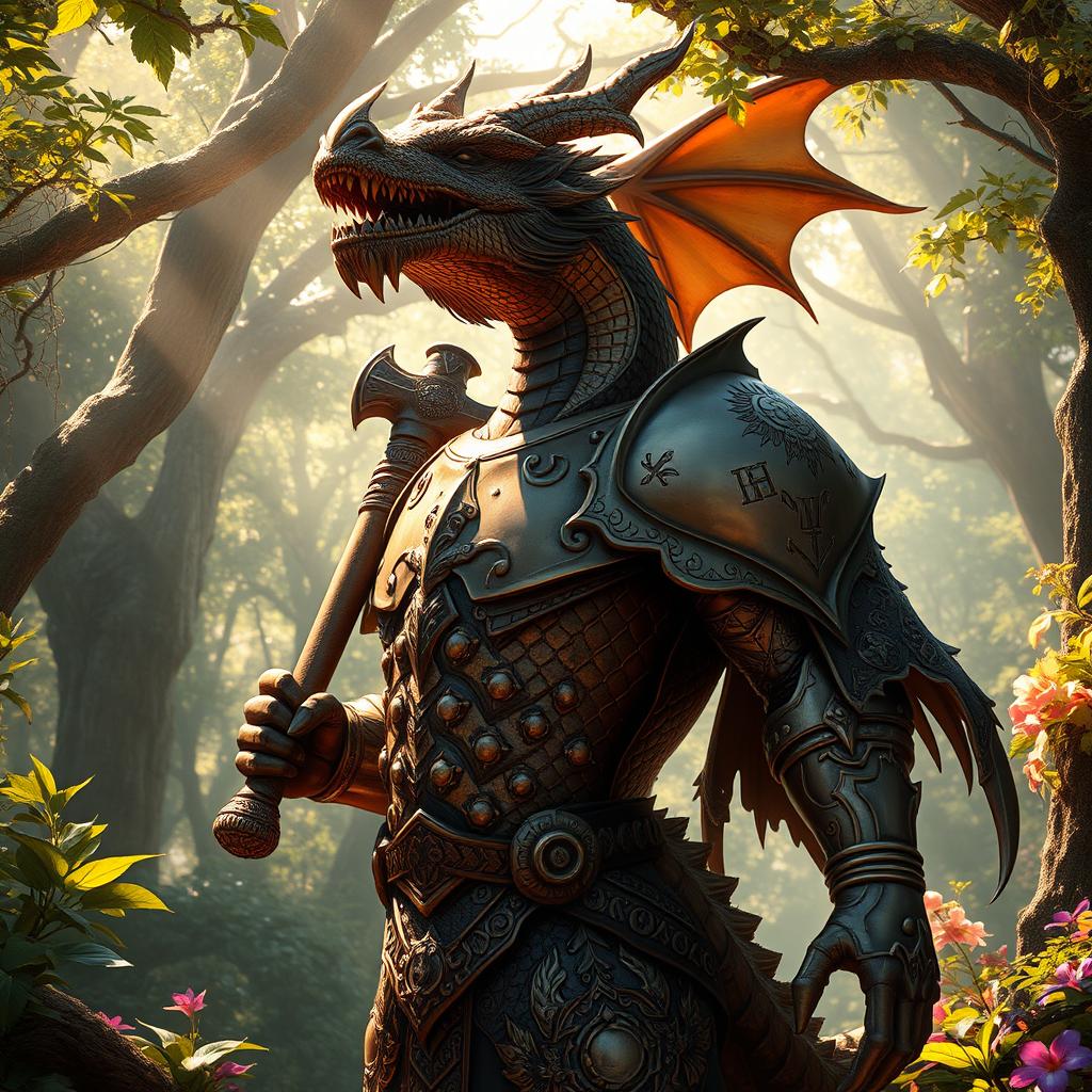 A striking bronze dragonborn character set in an enchanted forest