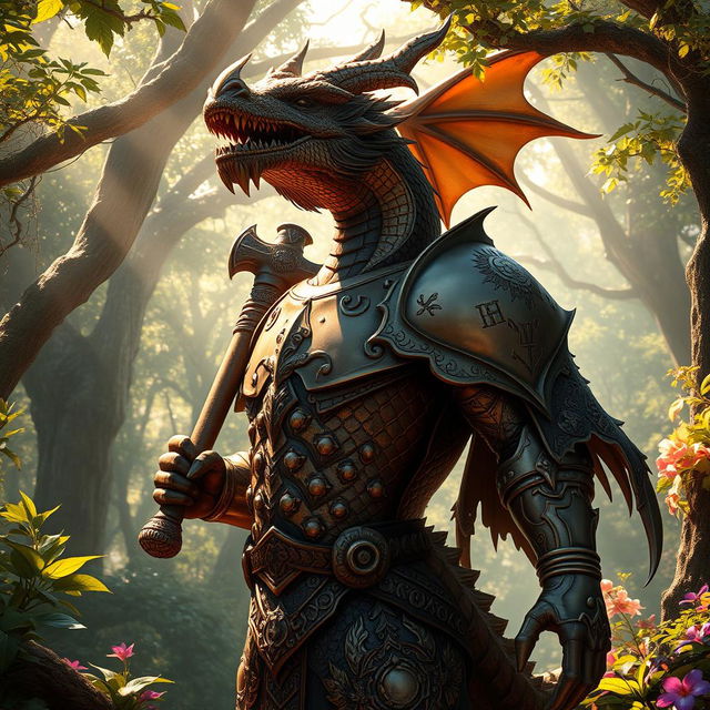 A striking bronze dragonborn character set in an enchanted forest