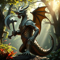 A striking bronze dragonborn character set in an enchanted forest