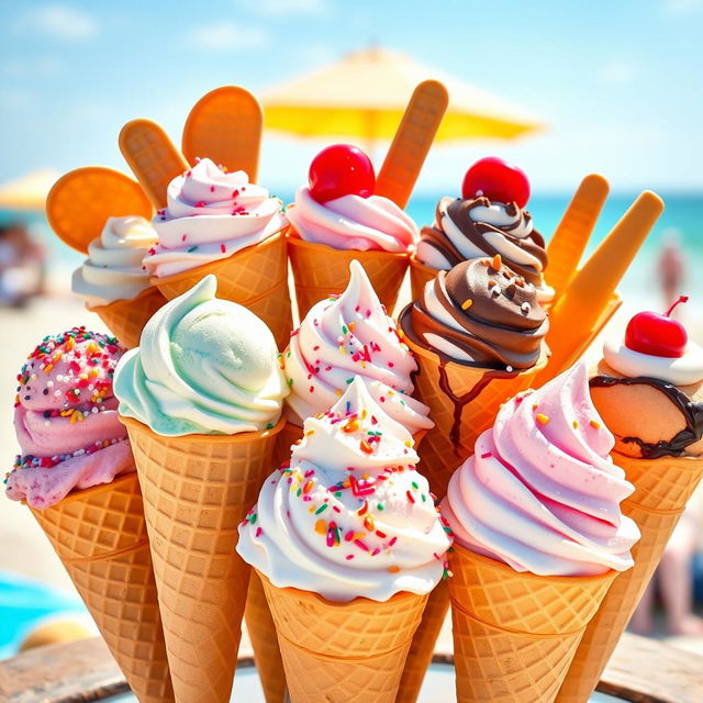 A vibrant and colorful display of a variety of ice cream cones, with scoops of different flavors like strawberry, mint, chocolate, and vanilla