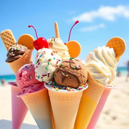 A vibrant and colorful display of a variety of ice cream cones, with scoops of different flavors like strawberry, mint, chocolate, and vanilla