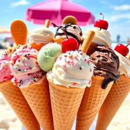 A vibrant and colorful display of a variety of ice cream cones, with scoops of different flavors like strawberry, mint, chocolate, and vanilla