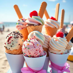 A vibrant and colorful display of a variety of ice cream cones, with scoops of different flavors like strawberry, mint, chocolate, and vanilla