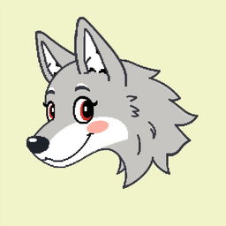 A whimsical 64x64 pixel art representation of a wolf's head in profile, drawn in a fun and cartoonish style