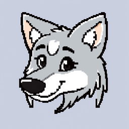 A whimsical 64x64 pixel art representation of a wolf's head in profile, drawn in a fun and cartoonish style