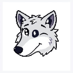 A whimsical 64x64 pixel art representation of a wolf's head in profile, drawn in a fun and cartoonish style