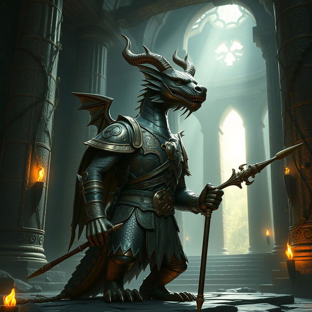 A heroic bronze dragonborn character situated in a mystical, ancient temple