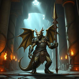 A heroic bronze dragonborn character situated in a mystical, ancient temple