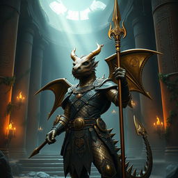 A heroic bronze dragonborn character situated in a mystical, ancient temple