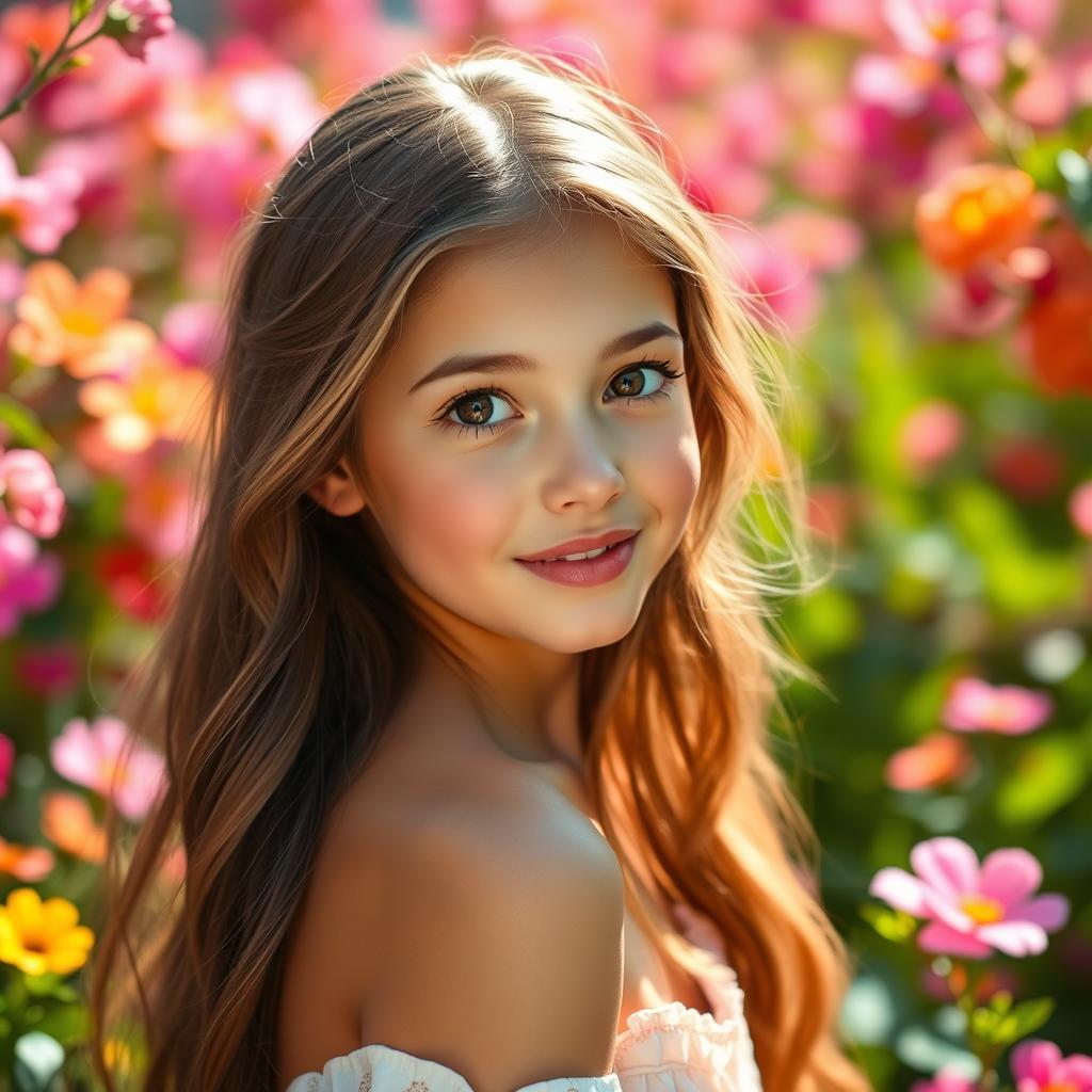 A stunning portrait of a pretty girl with radiant features, long flowing hair, a gentle smile, and captivating eyes