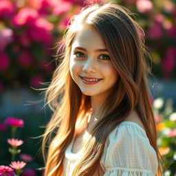 A stunning portrait of a pretty girl with radiant features, long flowing hair, a gentle smile, and captivating eyes