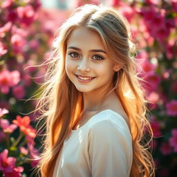 A stunning portrait of a pretty girl with radiant features, long flowing hair, a gentle smile, and captivating eyes