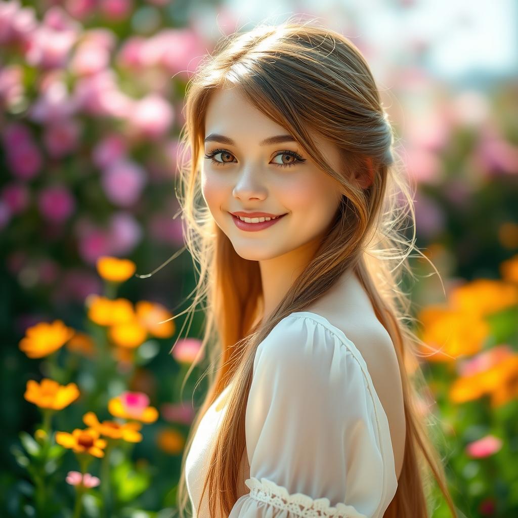 A stunning portrait of a pretty girl with radiant features, long flowing hair, a gentle smile, and captivating eyes