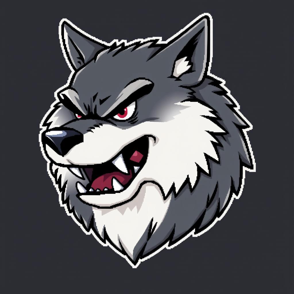 A 64x64 pixel art depiction of an angry, fat wolf's head in profile, designed in a cartoonish style