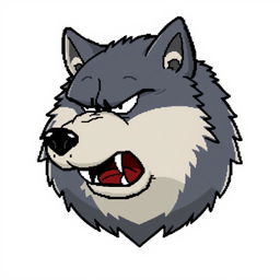 A 64x64 pixel art depiction of an angry, fat wolf's head in profile, designed in a cartoonish style