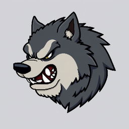 A 64x64 pixel art depiction of an angry, fat wolf's head in profile, designed in a cartoonish style