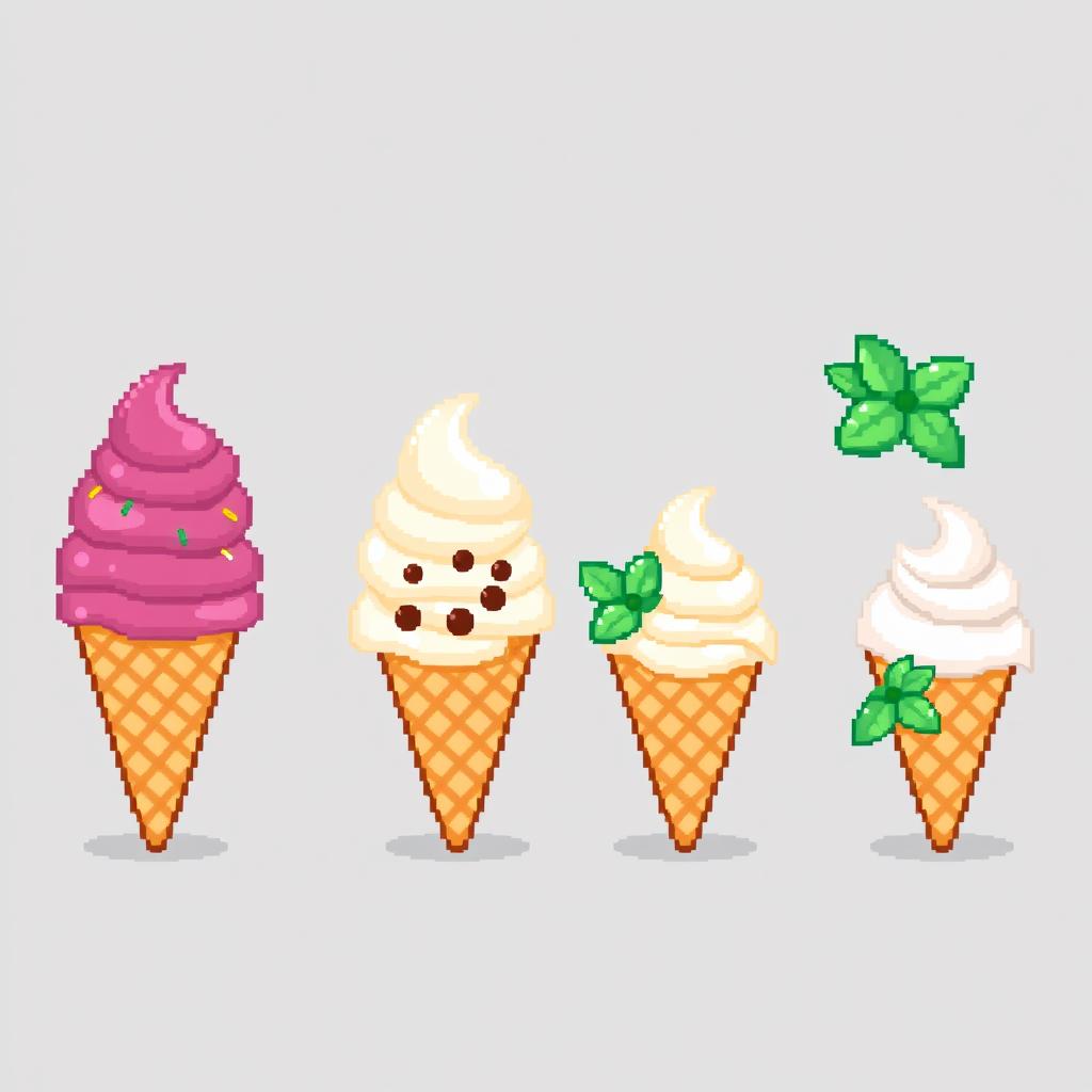 A series of charming pixel art styled ice cream cones in various flavors