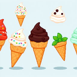 A series of charming pixel art styled ice cream cones in various flavors