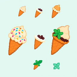 A series of charming pixel art styled ice cream cones in various flavors