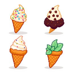 A series of charming pixel art styled ice cream cones in various flavors